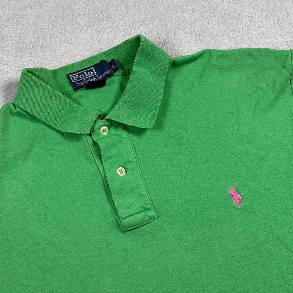 Polo Ralph Lauren Mens Green Pink Pony Cotton Pique Polo Shirt Short Sleeve L